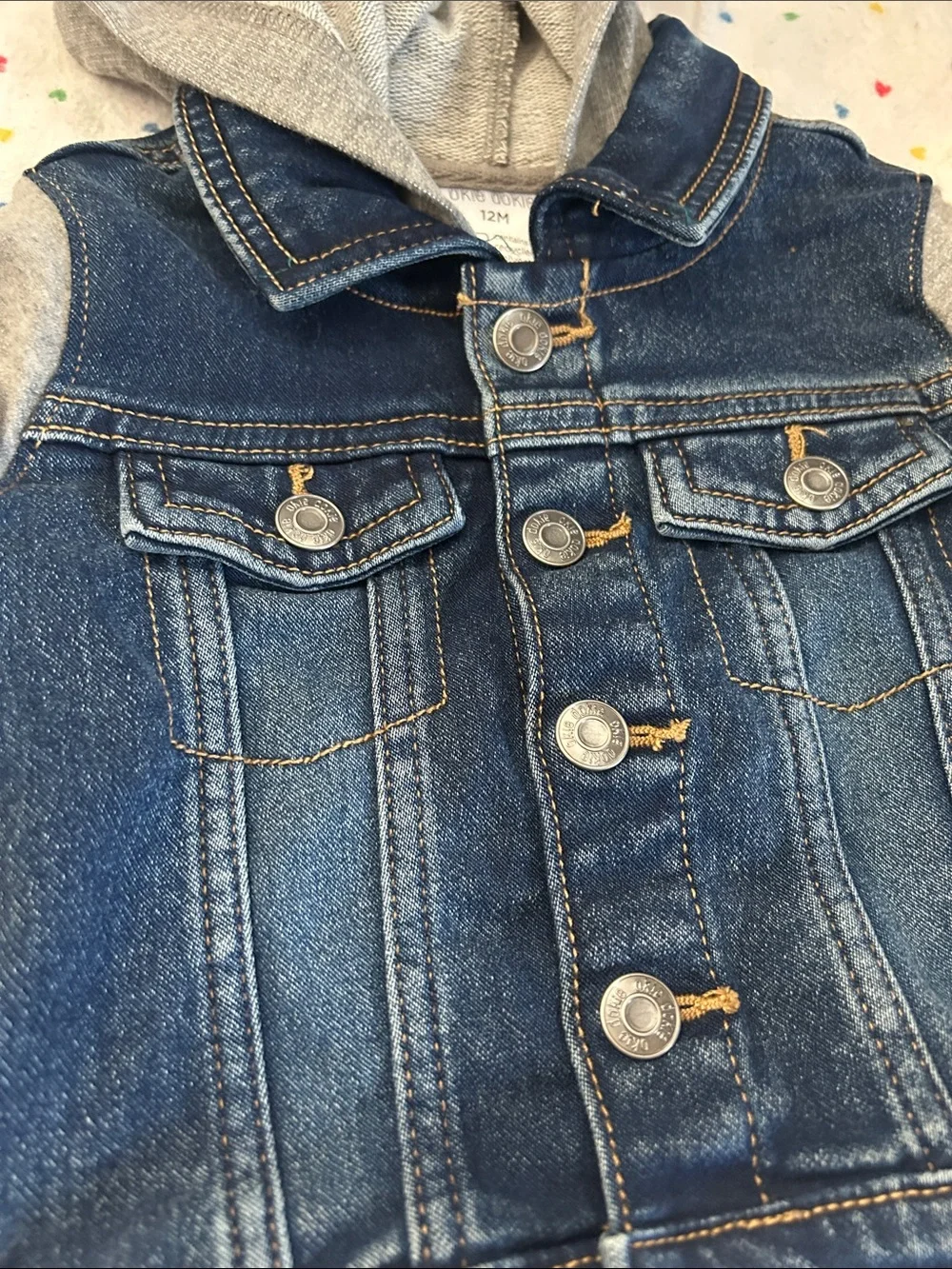 okie dokie Blue Denim Jacket with Grey Hoodie Sleeves